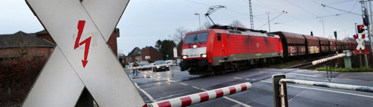 Ein Güterzug fährt über eine Bahnkreuzung (Quelle: dpa).