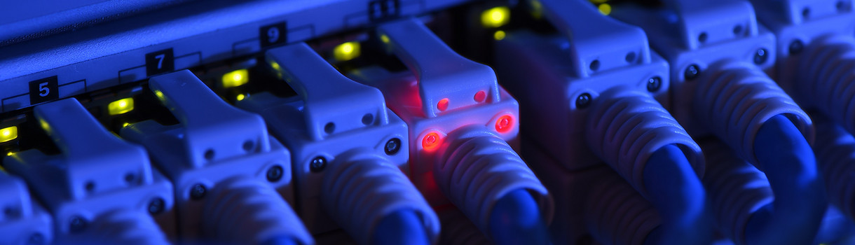 Ein Netzwerk-Kabelstecker leuchtet in der Netzwerkzentrale einer Firma zu Kontrollzwecken rot. (Bild: picture alliance/Felix Kästle/dpa)