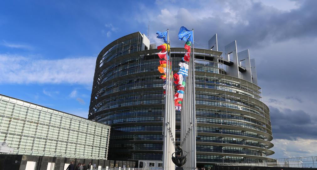 Europafahnen und Nationalfahnen der EU-Mitgliedsstaaten sind am 12.04.2016 vor dem Europäischen Parlament in Straßburg aufgezogen. (Bild: Karl-Josef Hildenbrand / dpa)