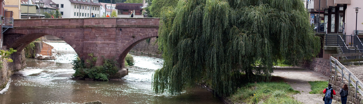 Fluss mit Steinbogenbrücke