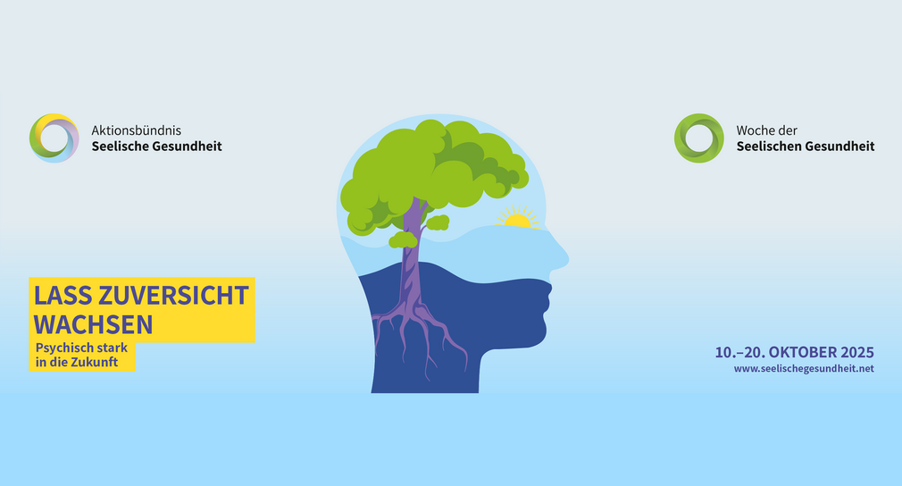 Gesundheit Aktionen und Angebote zur Woche der seelischen Gesundheit Grafik eines Kopfes, gefüllt mit einem Baum vor blauem Himmel und Sonne. Daneben Text: 10.-20. Oktober 2025, www.seelischegesundheit.net, das Motto „Lass Zuversicht wachsen - Psychisch stark in die Zukunft“ und die Logos des Aktionsbündnisses und der Woche Seelische Gesundheit.