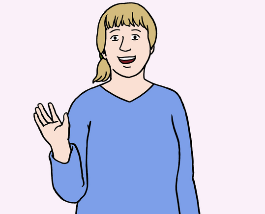 Eine Dame steht und winkt.