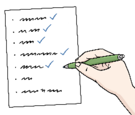 Eine Hand hakt eine Checkliste ab.