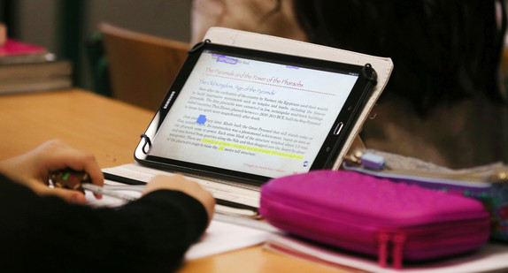 Ein Schüler arbeitet mit einem iPad im digitalen Unterricht. (Bild: picture alliance/Ina Fassbender/dpa)
